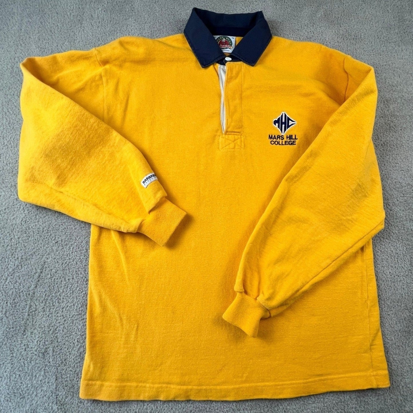 VTG Barbarian Rugby Wear Mars Hill College Shirt Mens XL Yellow Long Sleeve Polo