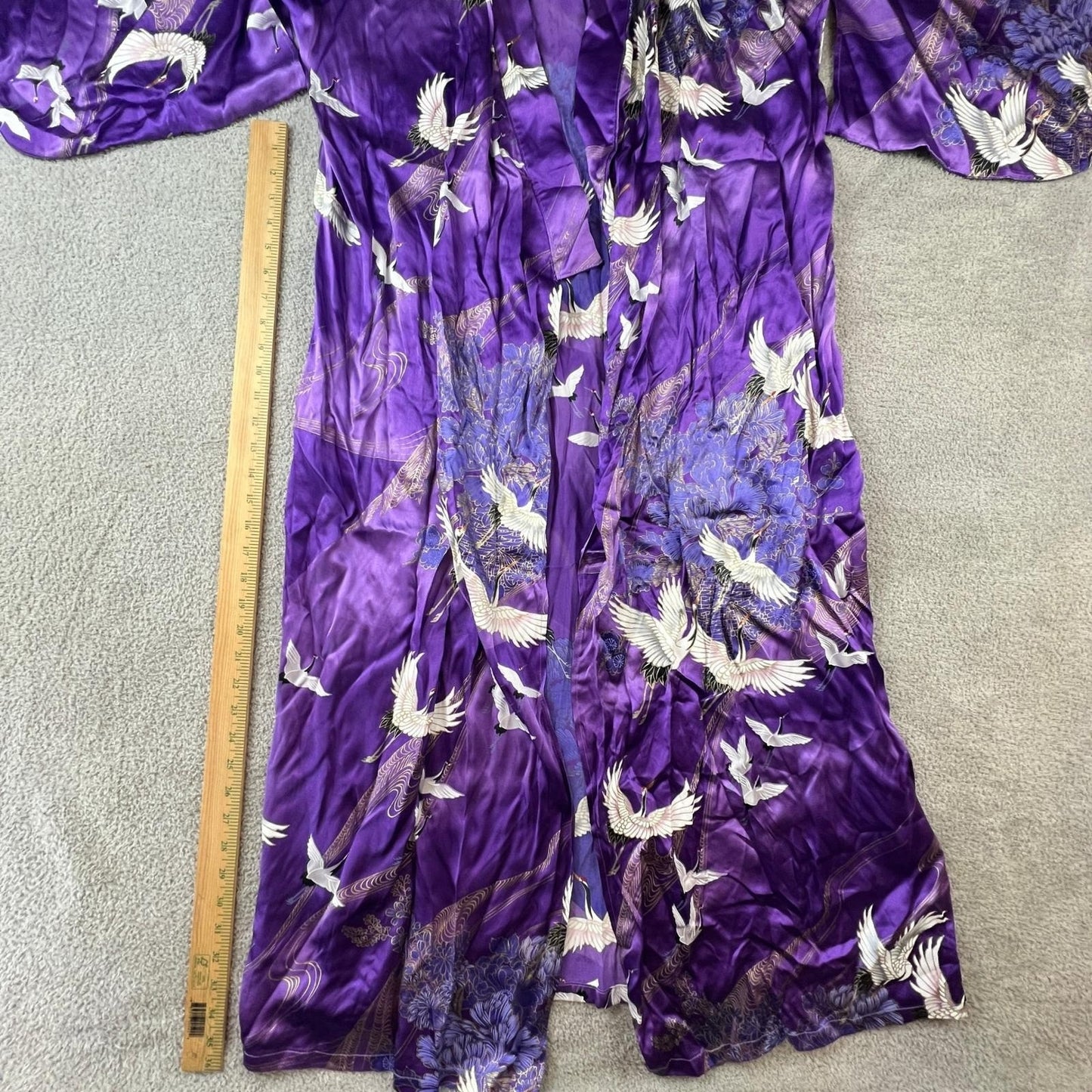 Japanese Silk Kimono Robe Purple Crane Floral Print Made in Japan OS Vintage