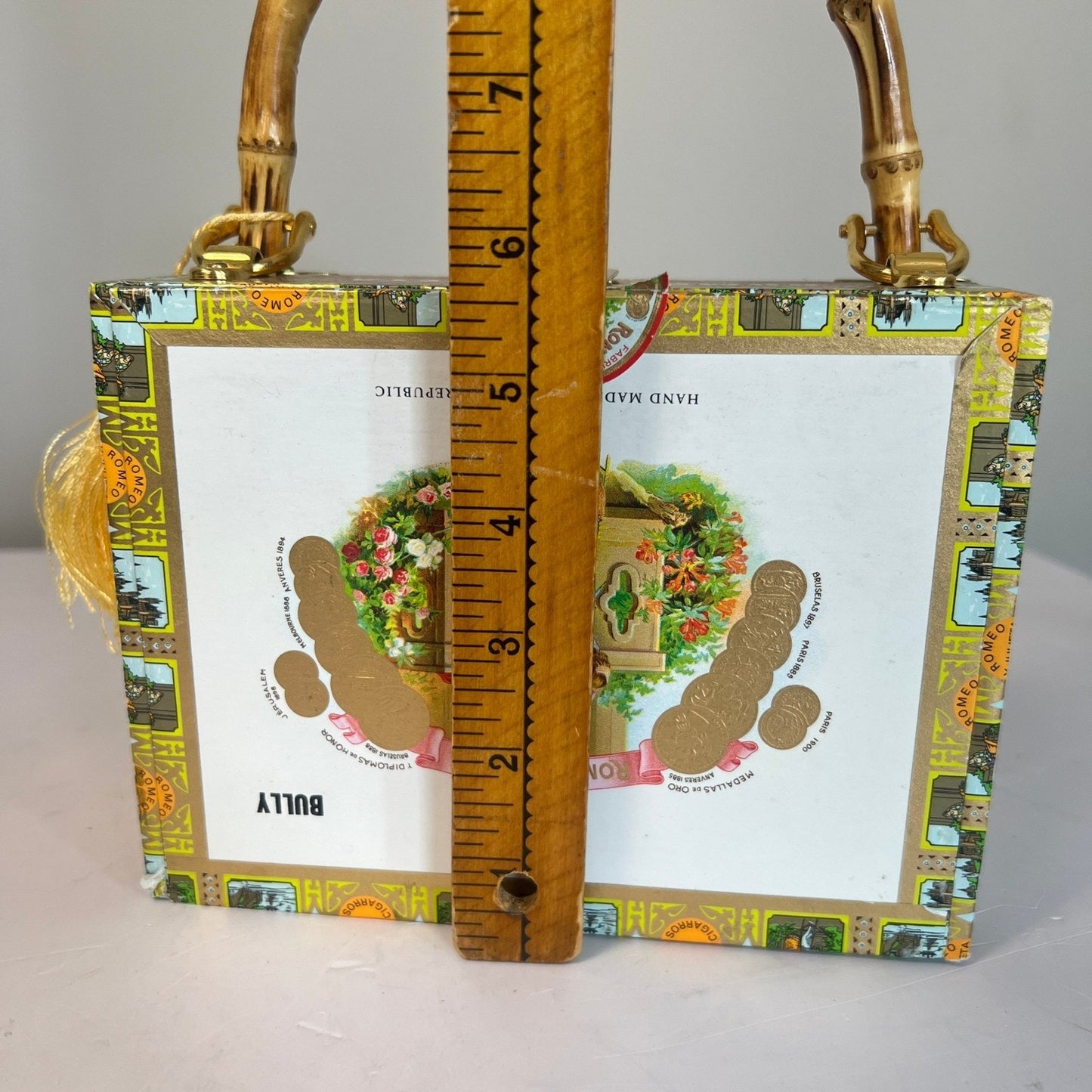 Kay Warren Cigar Box Purse Womens Multicolor Bamboo Handle Romeo y Julieta