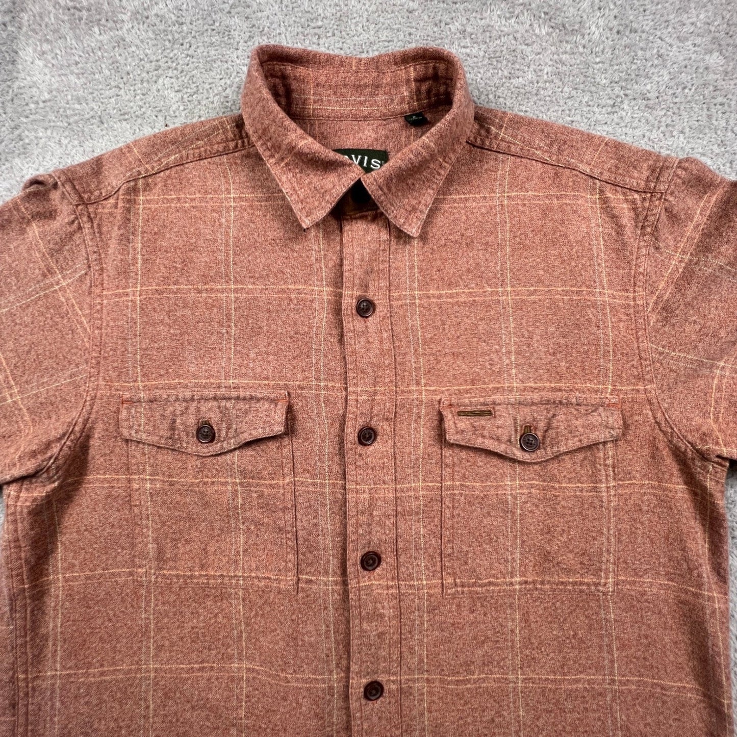 VTG Orvis Flannel Shirt Men Medium Rust Orange Plaid Elbow Patch Outdoor Rugged