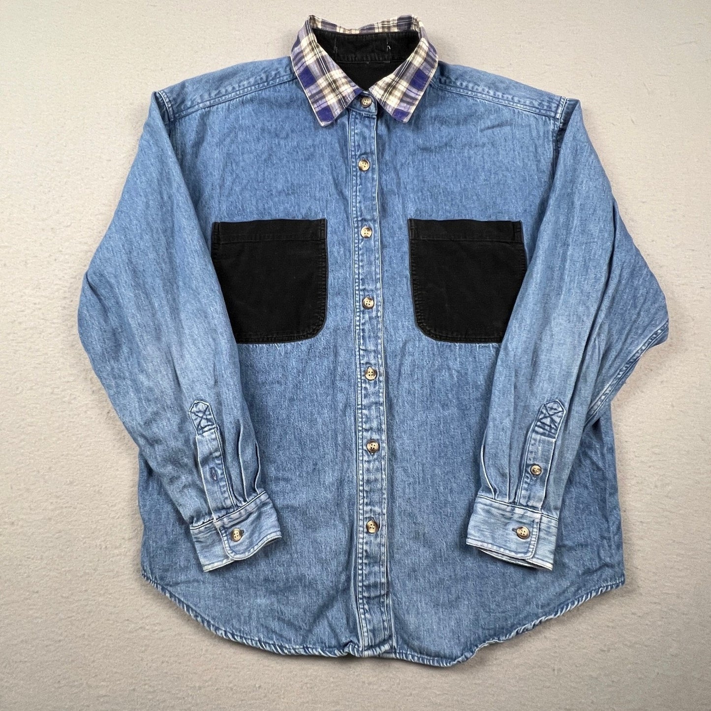 VTG Tommy Hilfiger Denim Shirt Womens Medium Blue Corduroy Pocket Plaid Trim