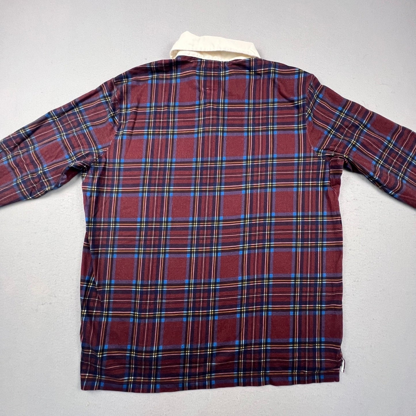 Lands' End Rugby Shirt Mens XL Burgundy Plaid Long Sleeve Cotton Preppy Classic