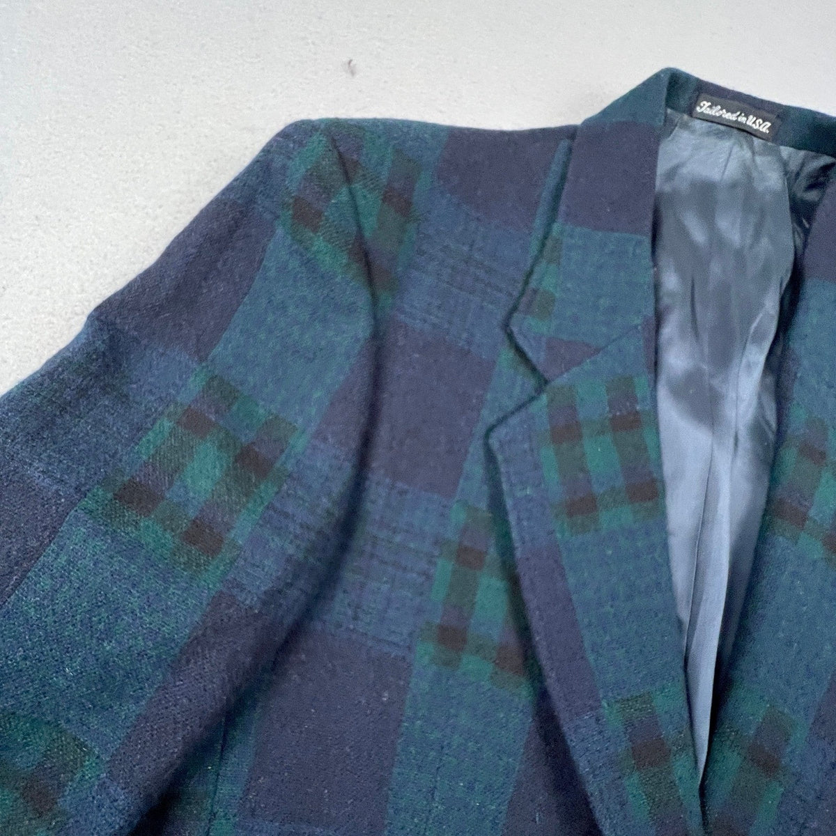 Vintage Woolrich Plaid Blazer Men Small Mallard Green Navy Blue Wool Blend USA