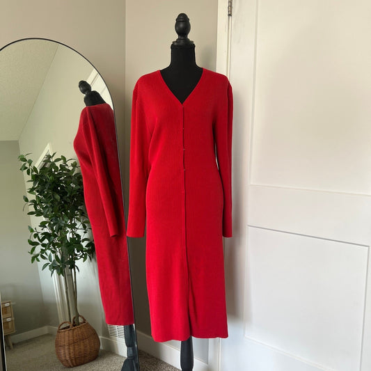 Cardigan Dress Womens XL Red Ribbed Knit Longline Midi Button Front Willi Smith