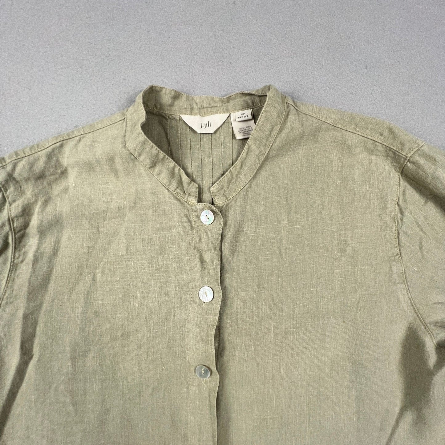 J. Jill Linen Button Down Tunic Womens MP Petite Green Pleated Back Coastal Boho