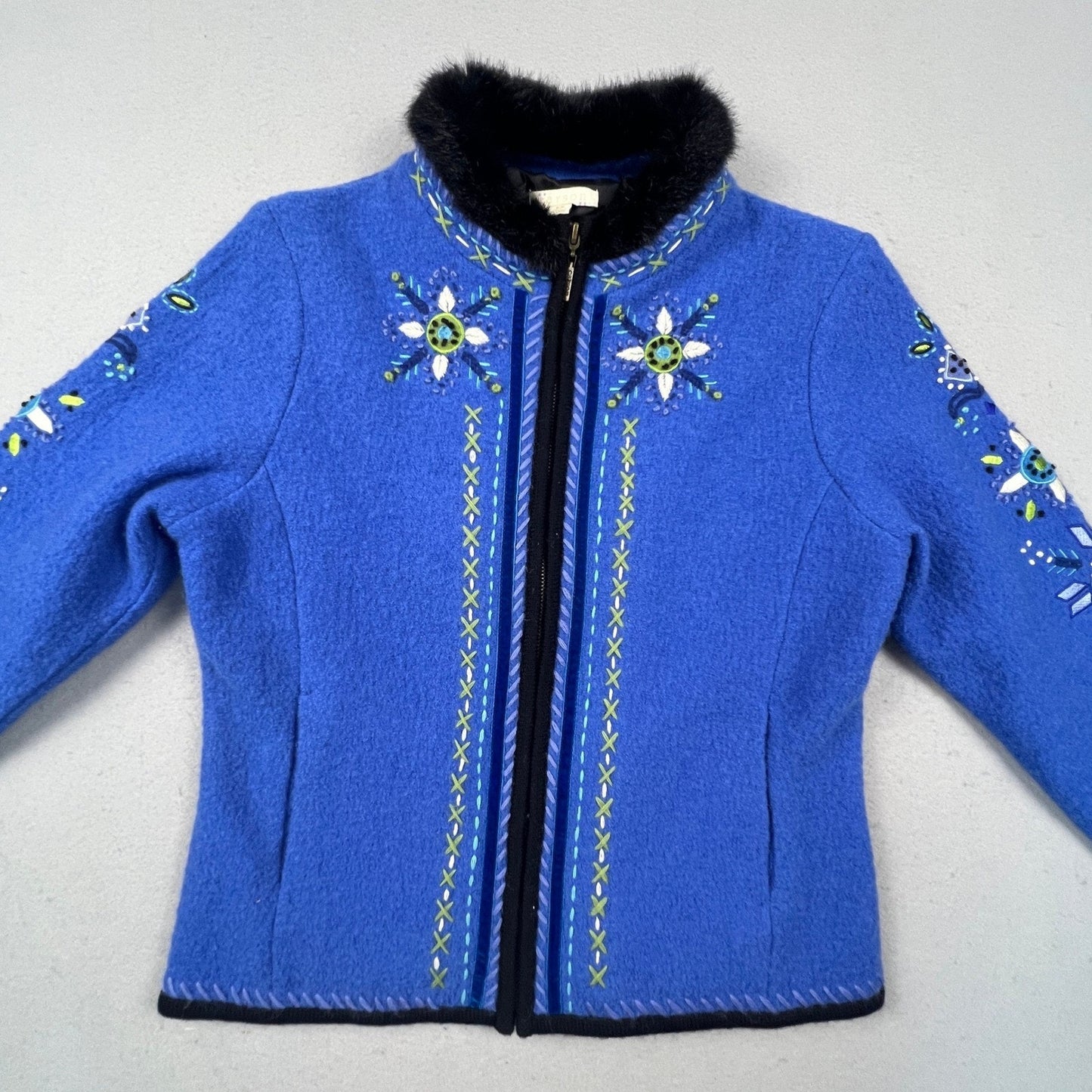 Carson Wool Embroidered Jacket Womens Small Blue Faux Fur Trim Boho Folk Art