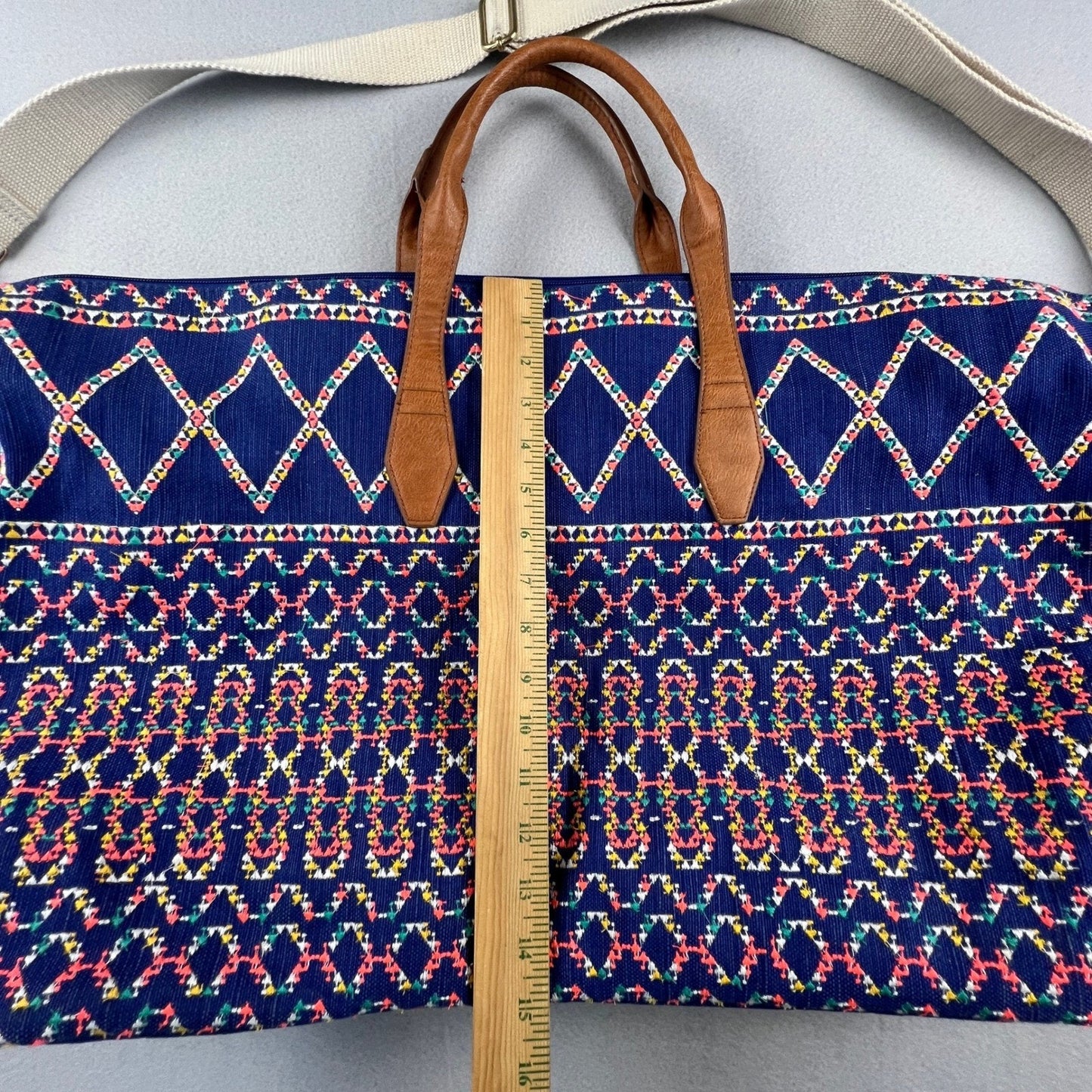 Boho Weekender Travel Bag Large Blue Embroidered Geometric Tote Carry On