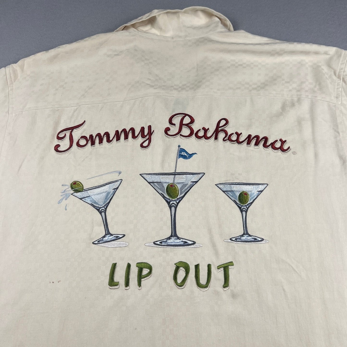 Tommy Bahama Lip Out Martini Shirt Mens Large Cream Silk Embroidered Camp Golf