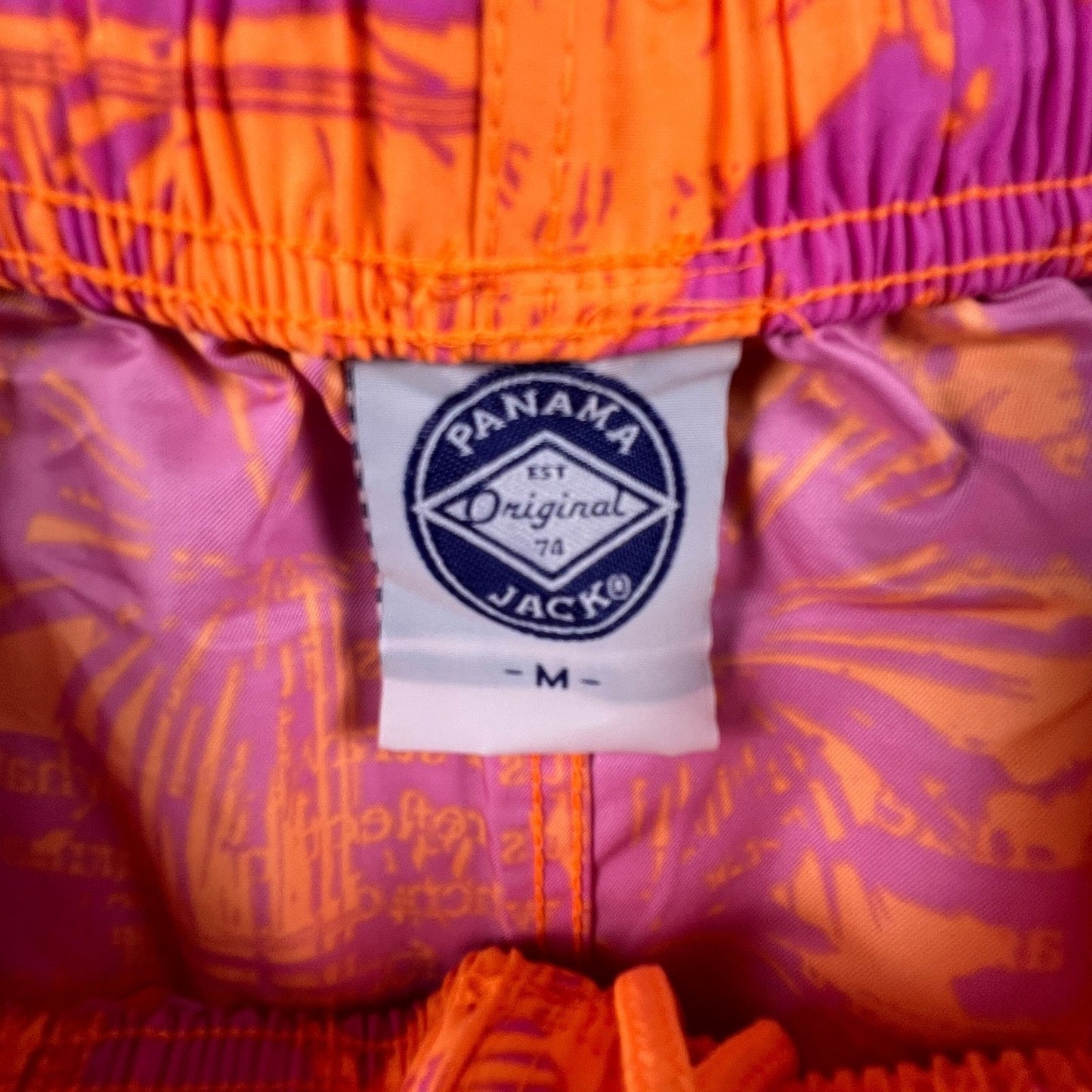 Panama Jack Swim Trunks Mens Medium Orange Purple Tropical Palm Script Beachwear