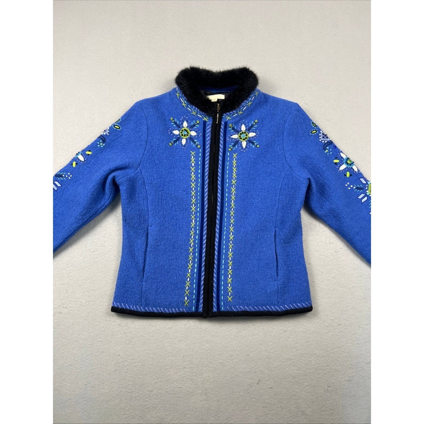 Carson Wool Embroidered Jacket Womens Small Blue Faux Fur Trim Boho Folk Art