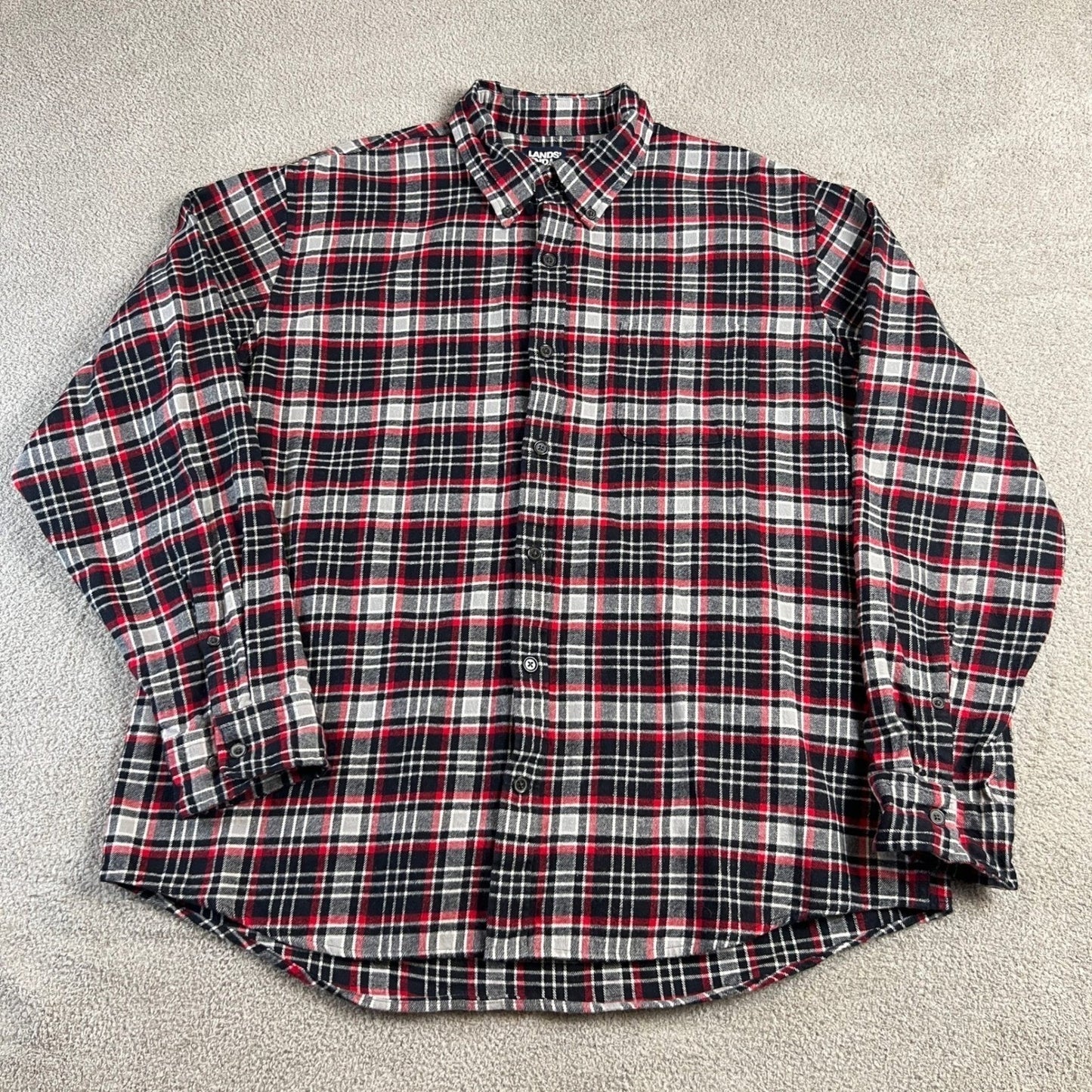 Lands End Flannel Shirt Men's XL Plaid Red Black White L/S Traditional Fit