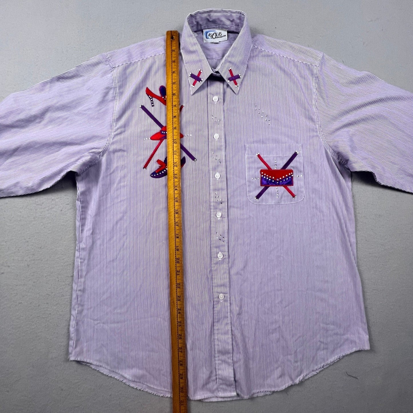 VTG Las Olas Button Down Shirt Womens L Purple Pinstripe Rhinestone Fashion Art