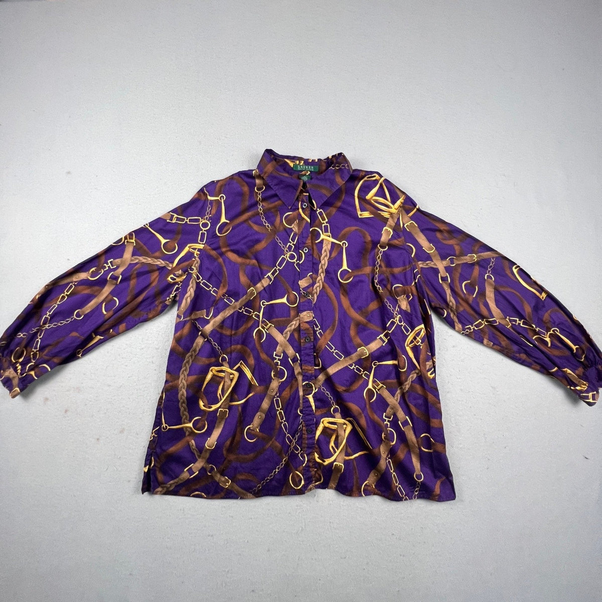 Lauren Ralph Lauren Shirt Womens 2X Purple Equestrian Chain Print Cotton Blouse