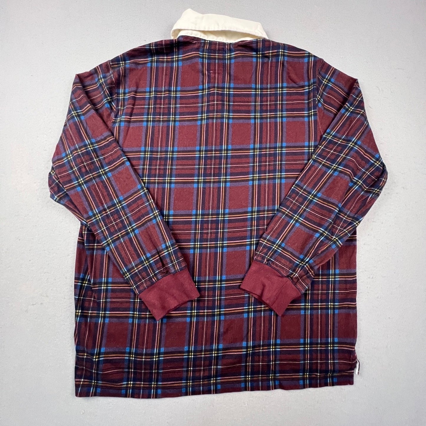 Lands' End Rugby Shirt Mens XL Burgundy Plaid Long Sleeve Cotton Preppy Classic