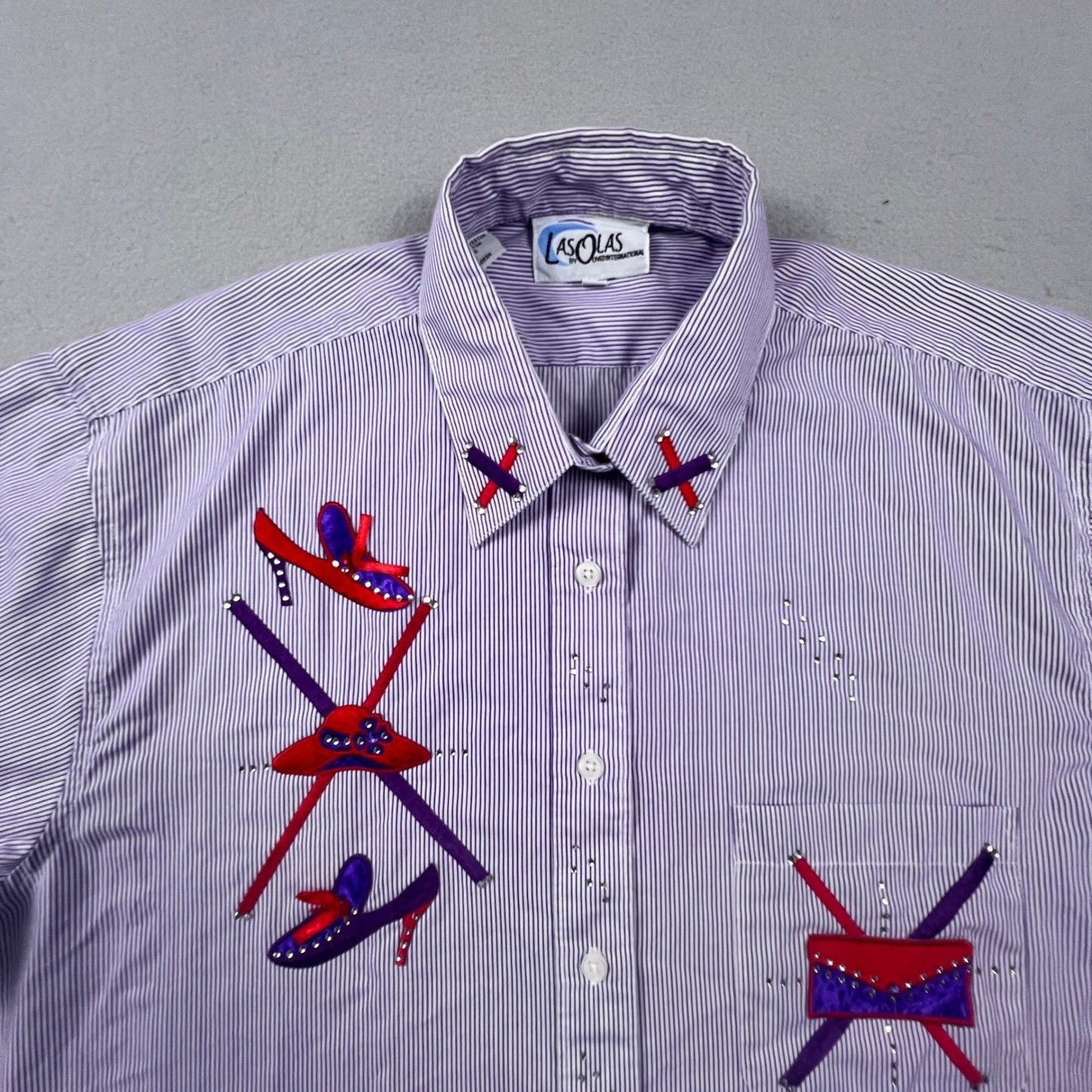 VTG Las Olas Button Down Shirt Womens L Purple Pinstripe Rhinestone Fashion Art