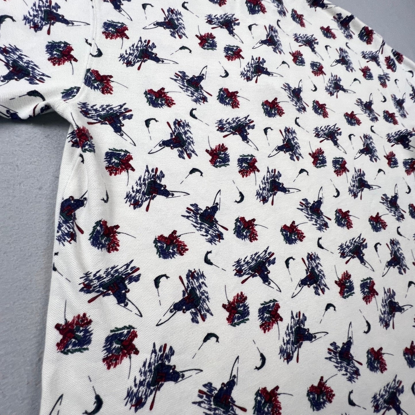 Woolrich Polo Shirt Mens Large Ivory Fishing Print Cotton Short Sleeve Outdoor