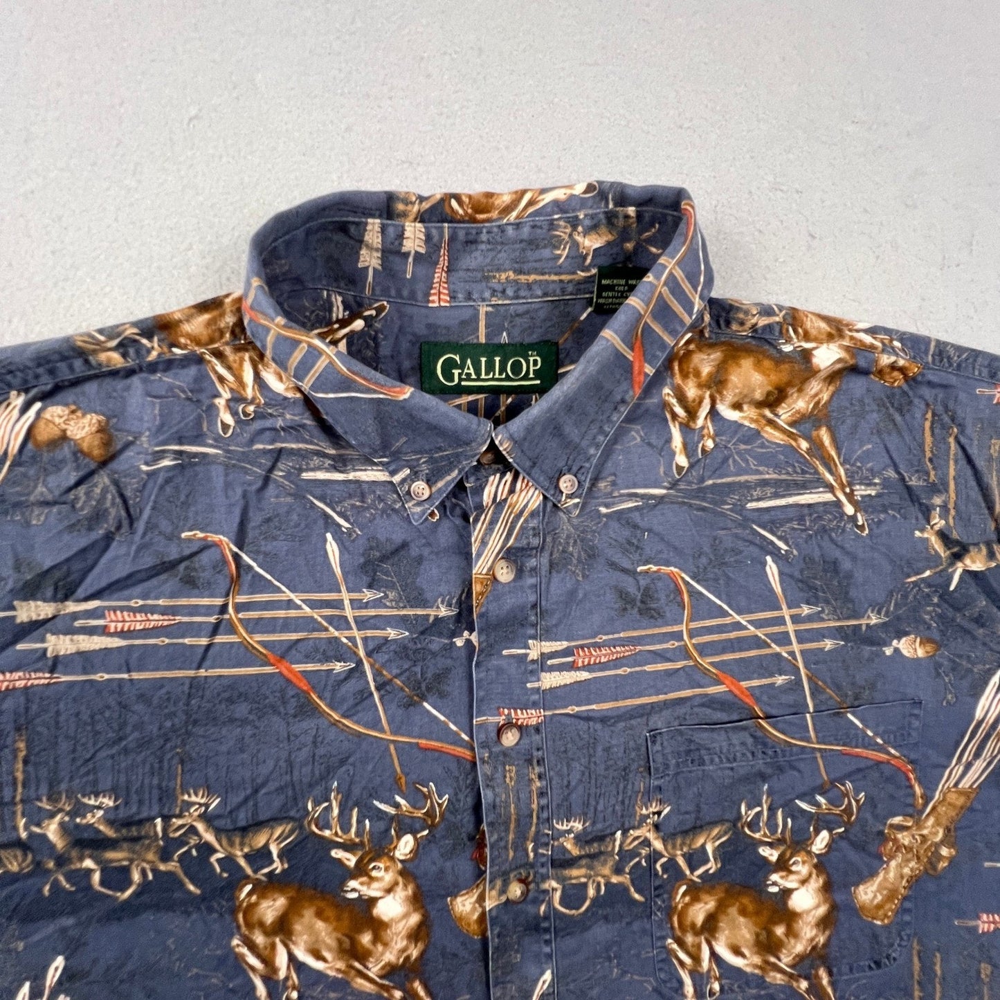 Gallop Button Down Shirt Mens XXL Blue Deer Bow Arrow Print Long Sleeve Hunting