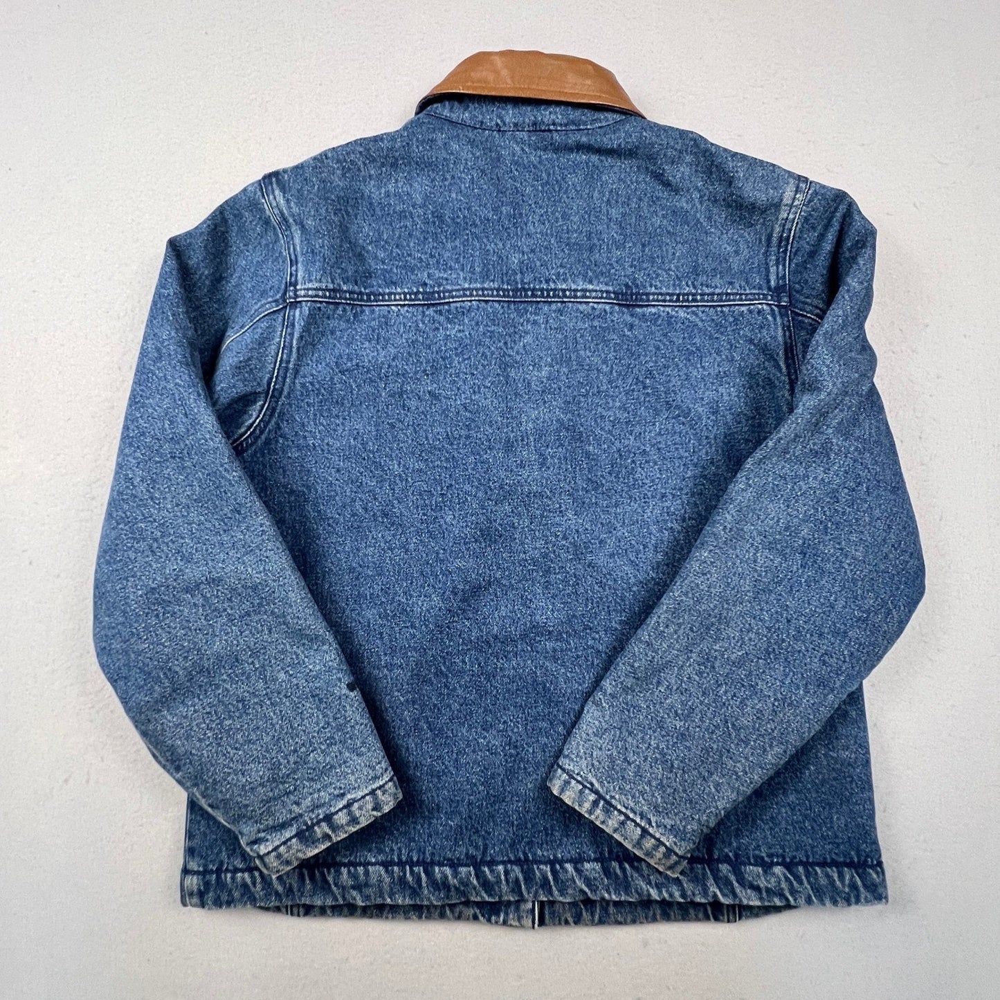 Woolrich Denim Barn Jacket Womens L Blue Leather Collar Fleece Lined Workwear