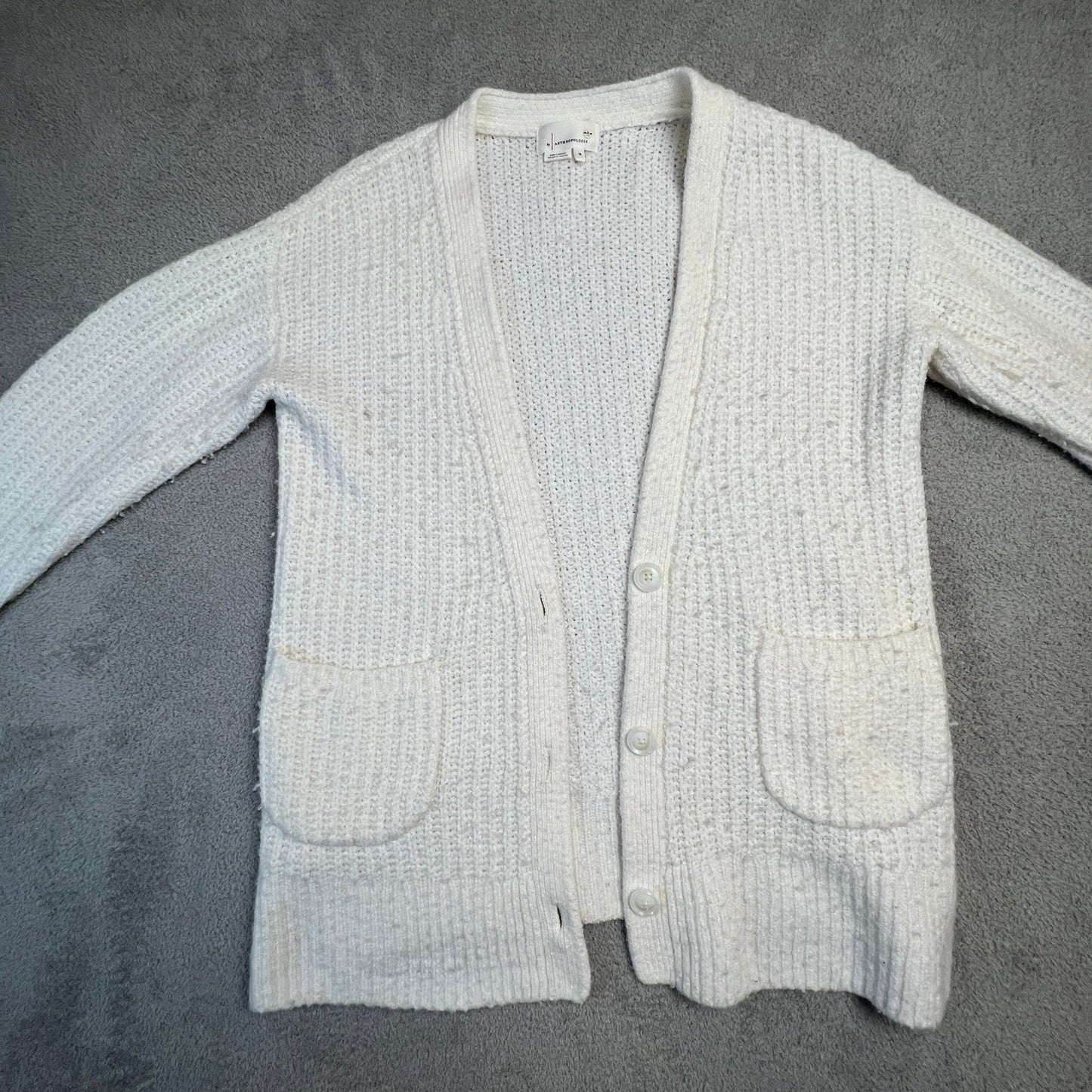 Anthropologie Cardigan Extra Small Merino Wool Blend Chunky Knit Cream Pockets