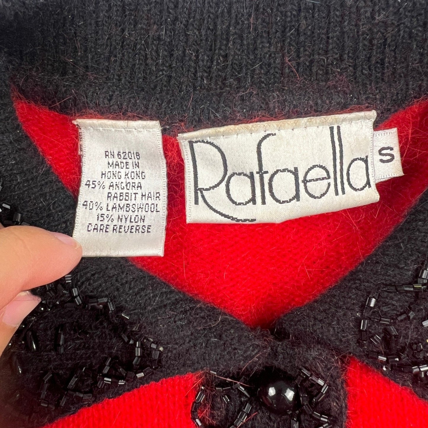 VTG Rafaella Cardigan Sweater Womens Small Red Angora Lambswool Beaded Holiday