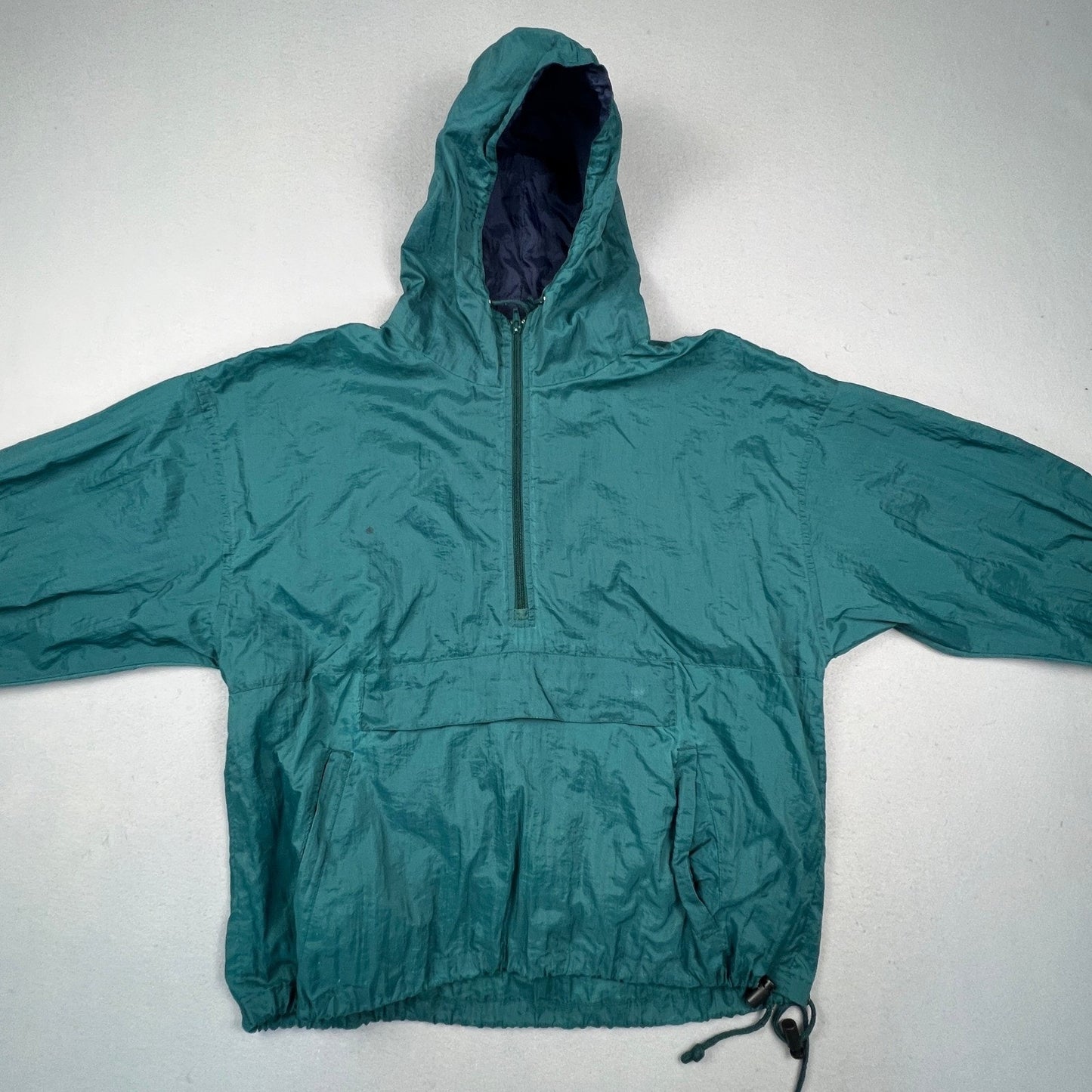 Honors Windbreaker Anorak Mens Large Green Vintage 1/4 Zip Hooded Pouch Pocket