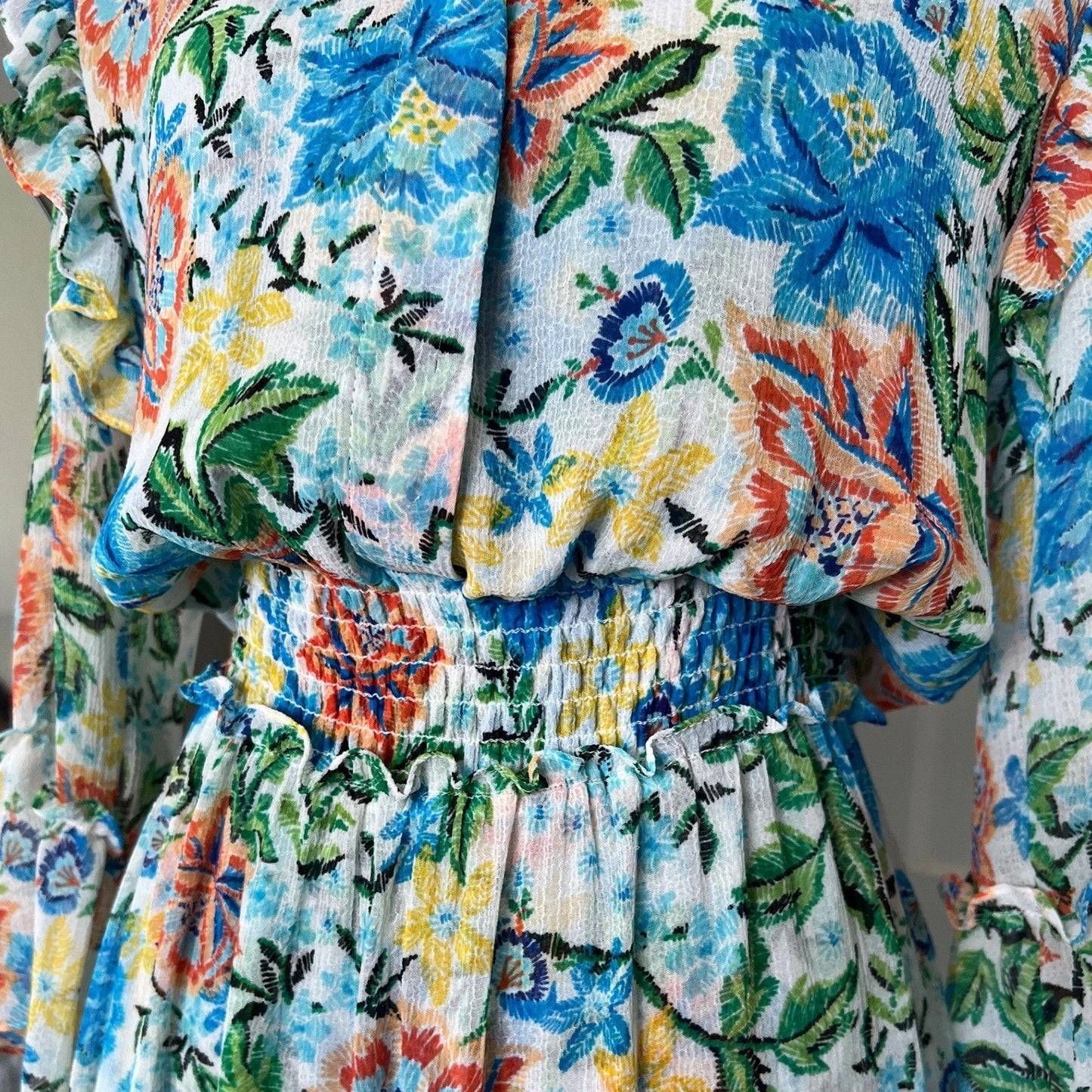 MISA Los Angeles Maxi Dress Womens S Blue Orange Floral Tiered Smocked Boho Luxe