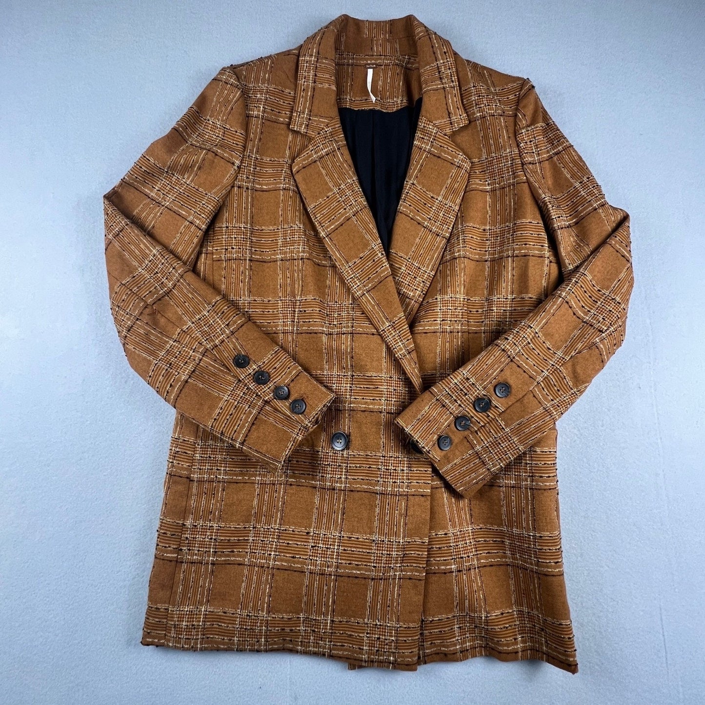 Free People Brown Plaid Longline Blazer Womens S Double Breasted Preppy Academia