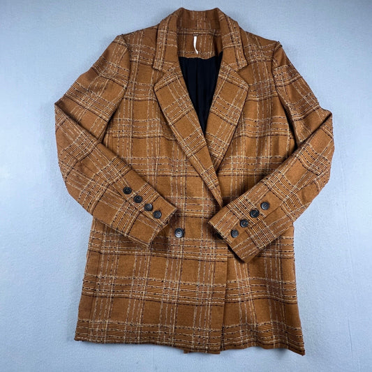Free People Brown Plaid Longline Blazer Womens S Double Breasted Preppy Academia