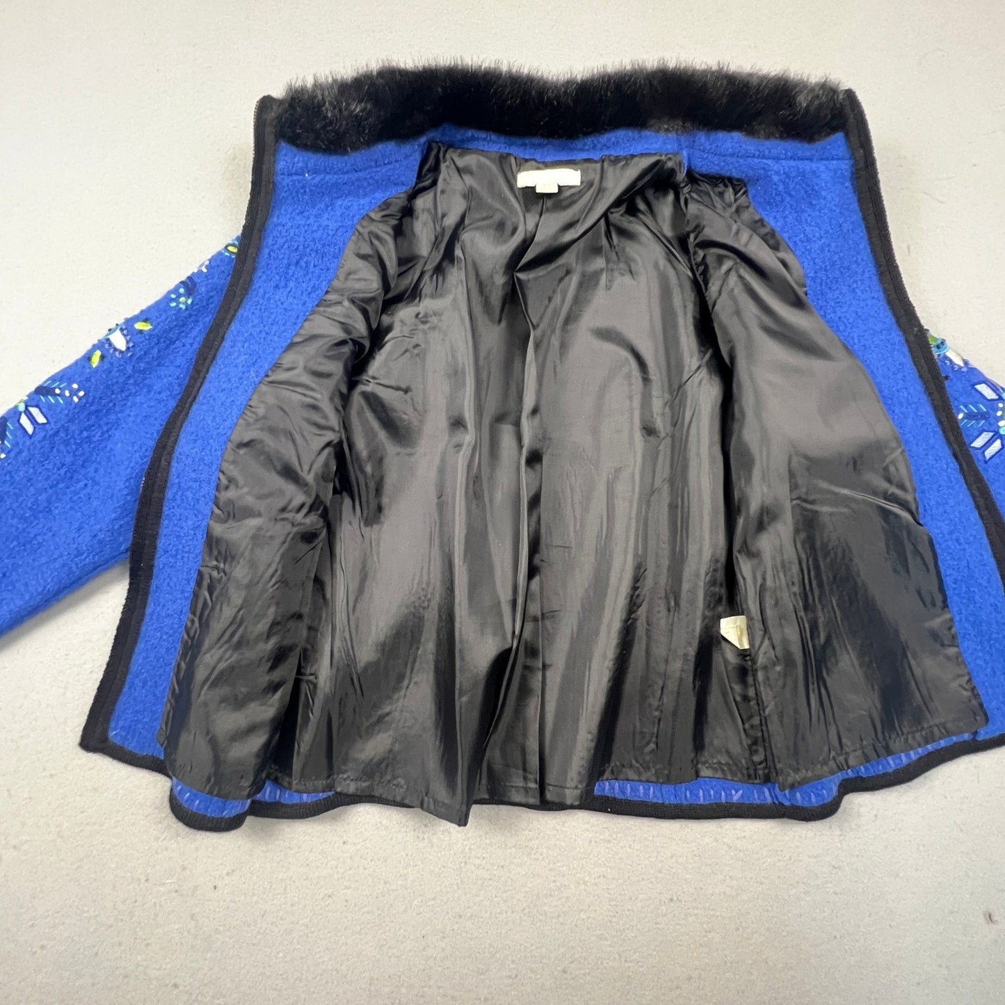 Carson Wool Embroidered Jacket Womens Small Blue Faux Fur Trim Boho Folk Art