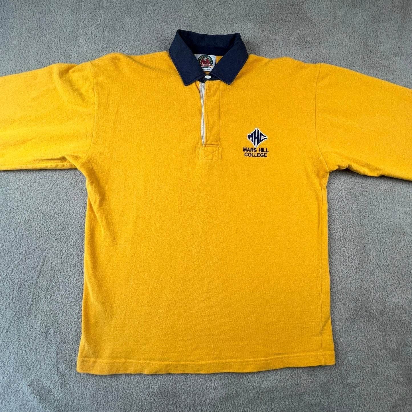 VTG Barbarian Rugby Wear Mars Hill College Shirt Mens XL Yellow Long Sleeve Polo