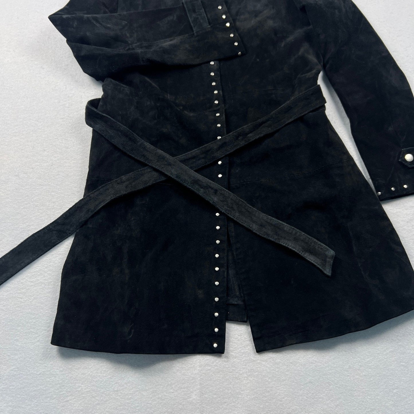 Y2K Express Suede Trench Coat Womens 11/12 Black Studded Belted Leather Jacket