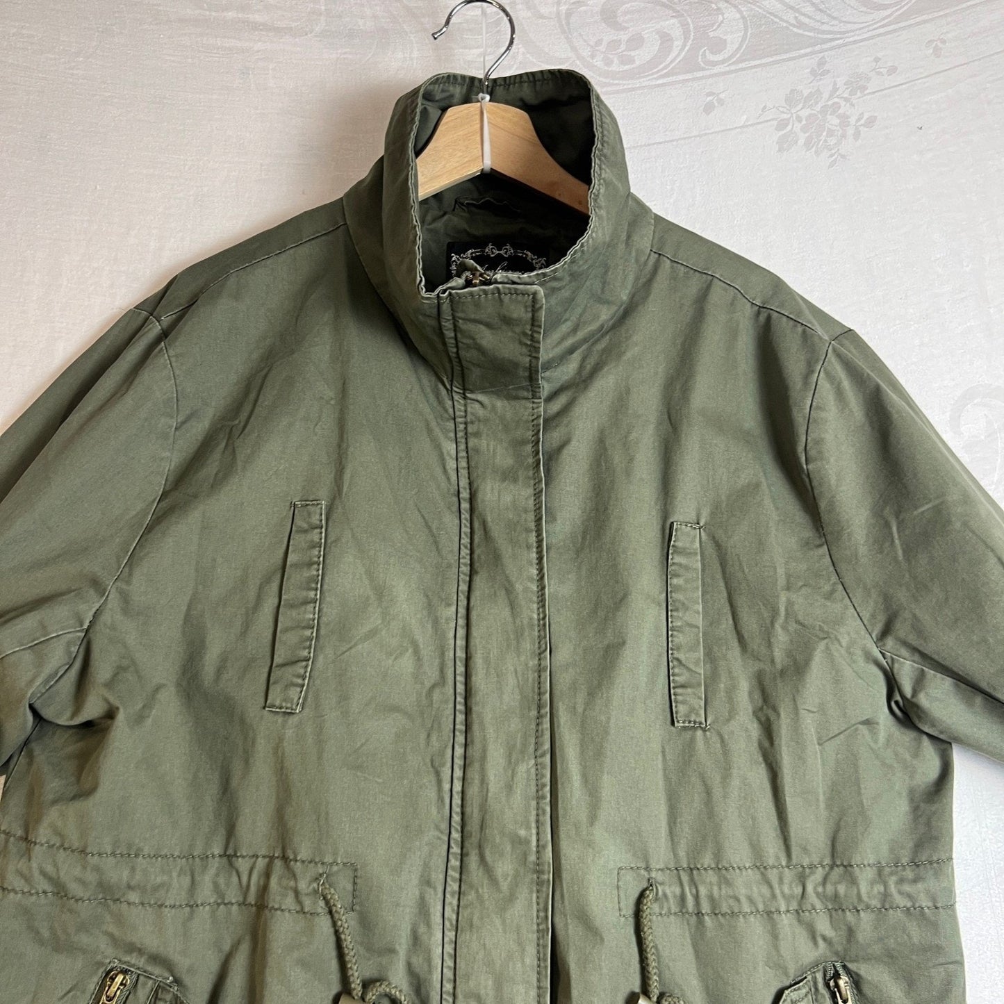Ambiance Utility Jacket Womens 2XL Drawstring Waist Zip Front Collar Olive Green