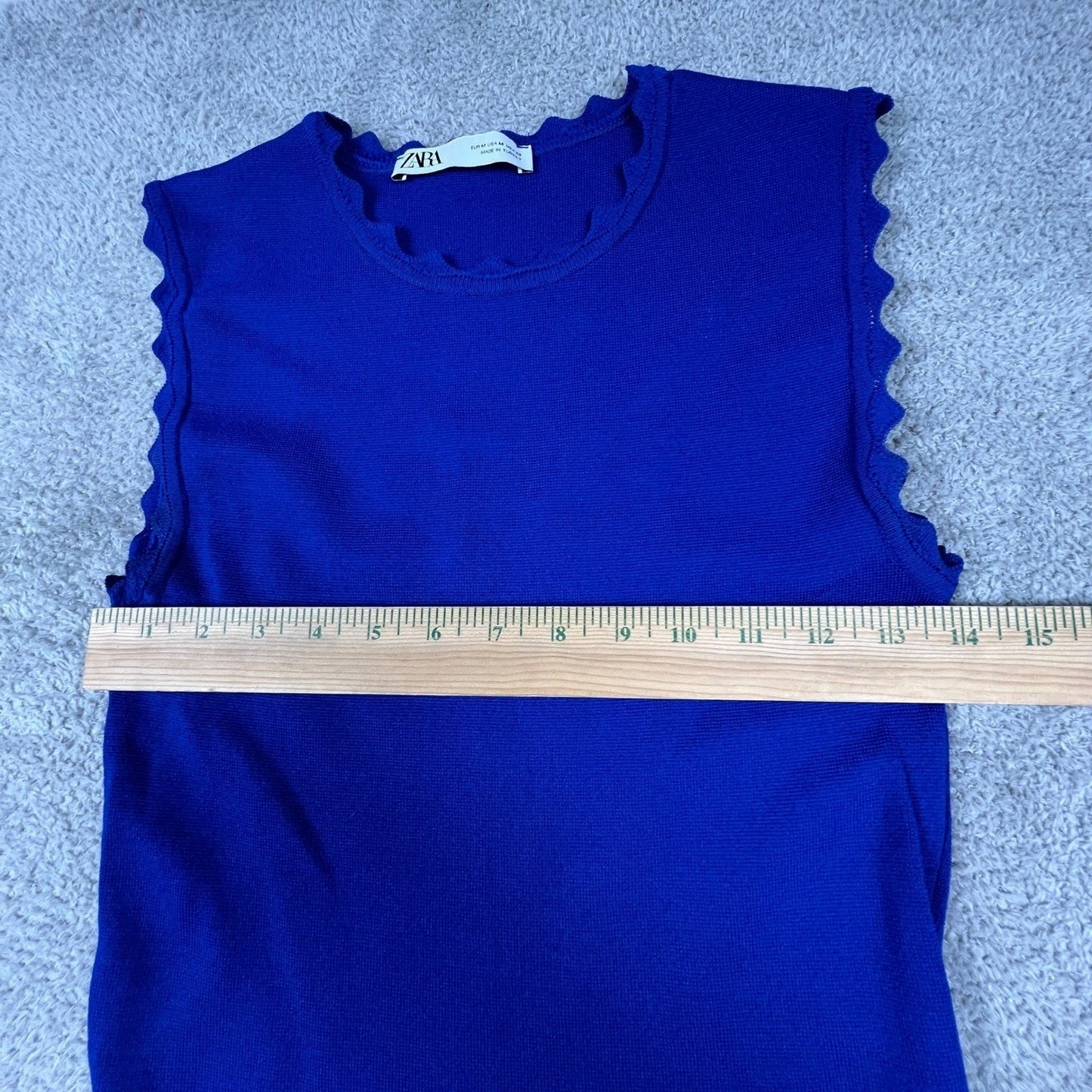 Zara Knit Midi Dress Womens Medium Blue Scalloped Trim Bodycon Sleeveless Chic