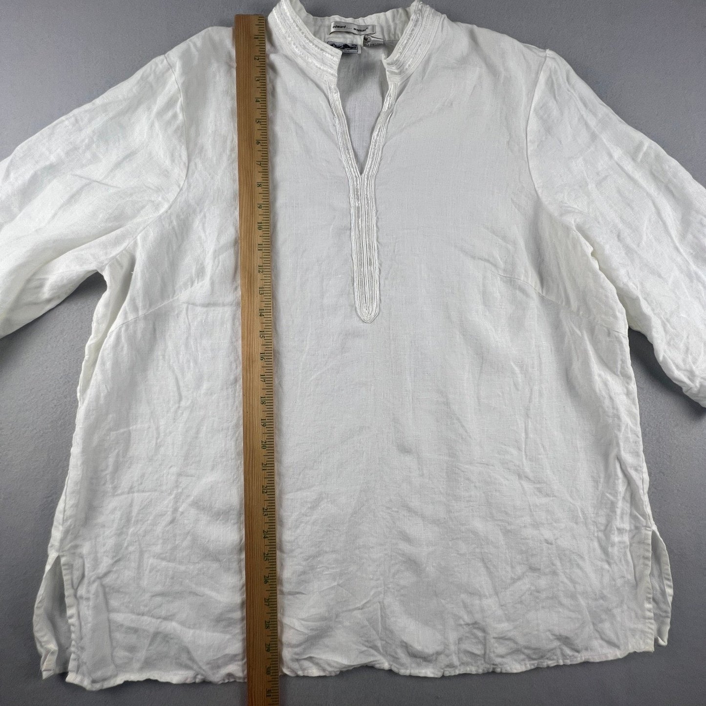 100% Linen Edward Woman Tunic Men 2X White Irish Embroidered V-Neck Beach Coastal