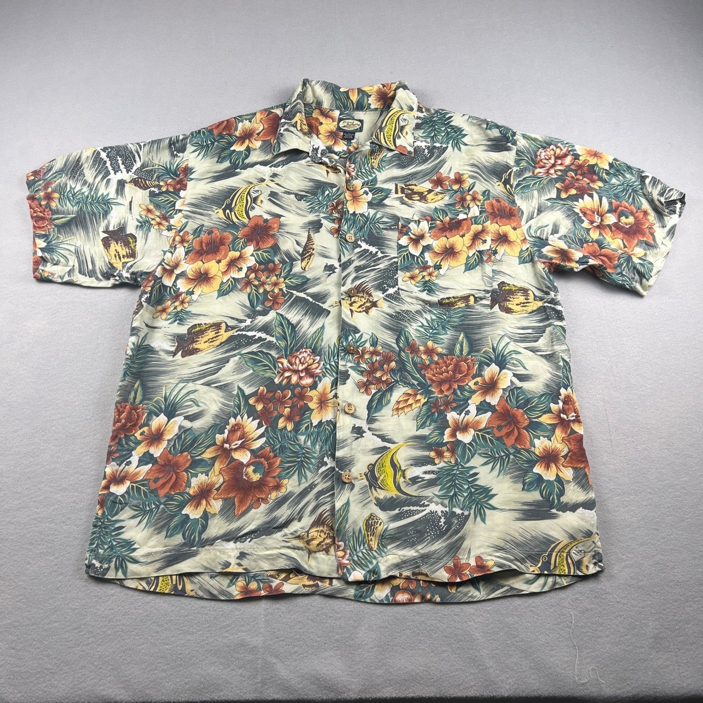 Vtg Tommy Bahama Hawaiian Shirt Mens L Tan Floral Fish Tropical Camp Aloha