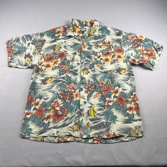 Vtg Tommy Bahama Hawaiian Shirt Mens L Tan Floral Fish Tropical Camp Aloha