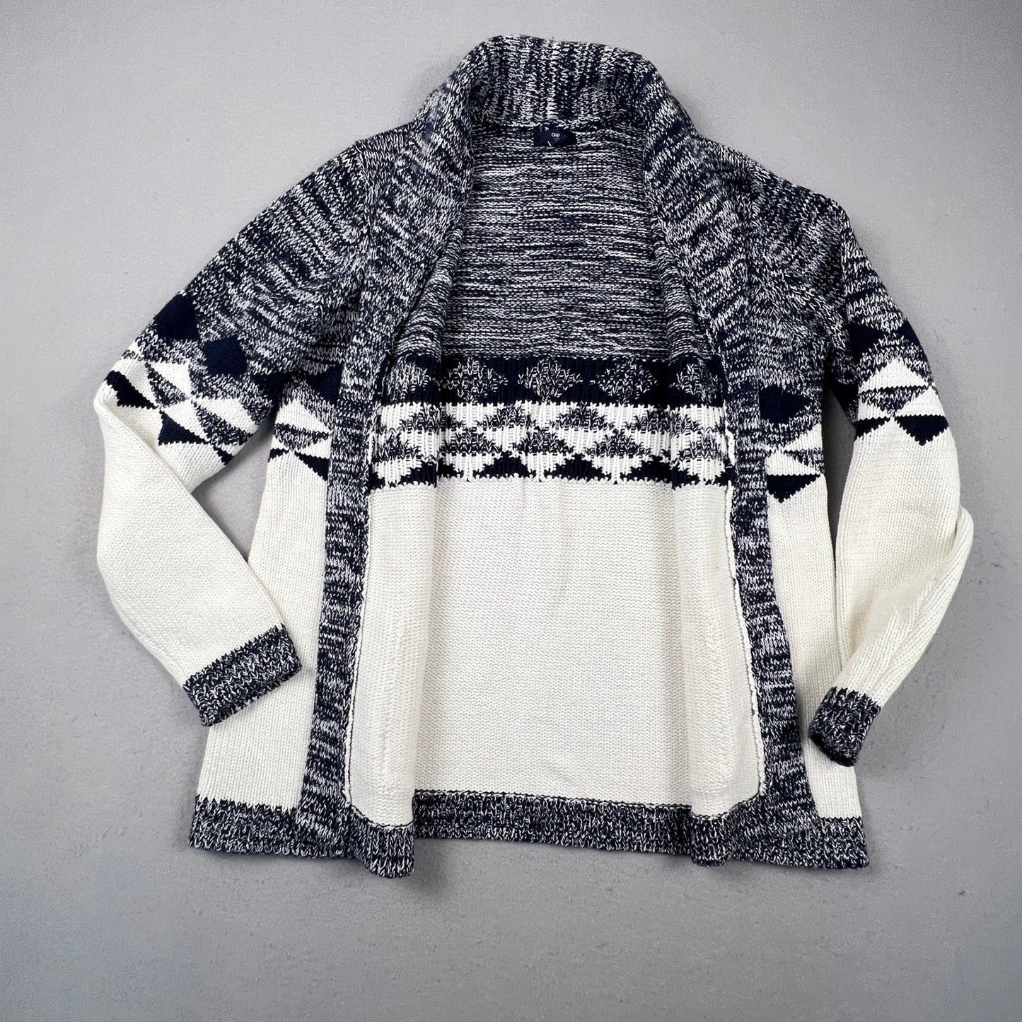 Gap Cardigan Sweater Womens Large Blue White Geometric Fair Isle Shawl Knit Cozy