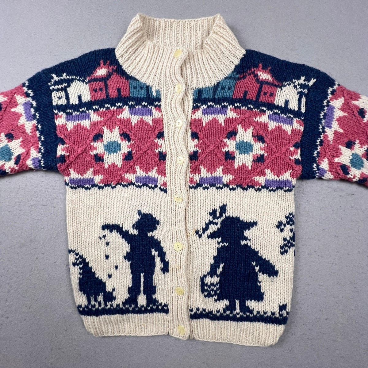 Woolrich Cardigan Sweater Womens M Cream Wool Folk Art Intarsia Vintage 90s Knit