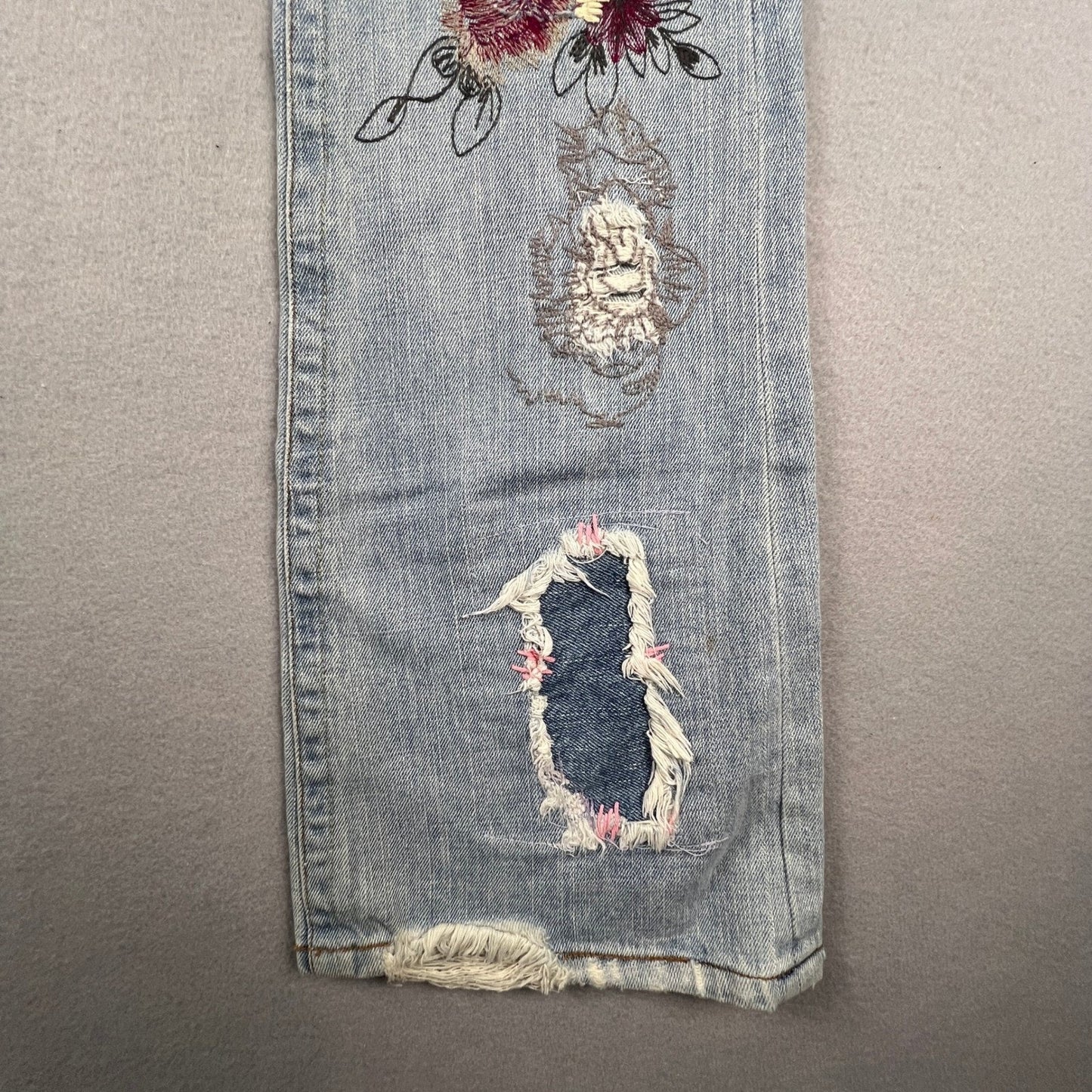 VTG Y2K Bebe Flare Jeans Womens 27 Embroidered Distressed Patchwork Boho