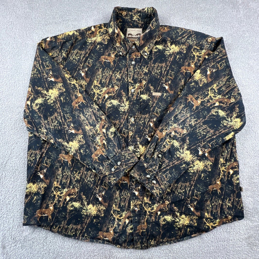 Mens XXL Deer Forest Print Cotton Button Down Shirt Hunting Brown Buckhorn River