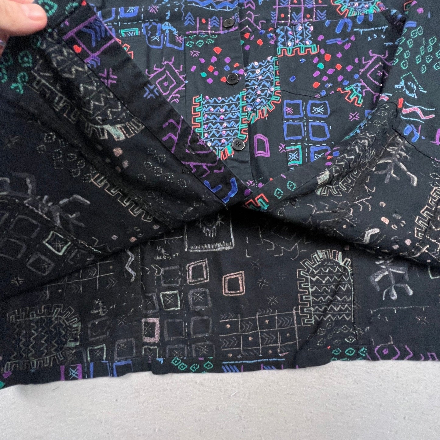 Liz & Me Button Down Shirt Women 3X Black Geometric Tribal Sequin Cotton Top
