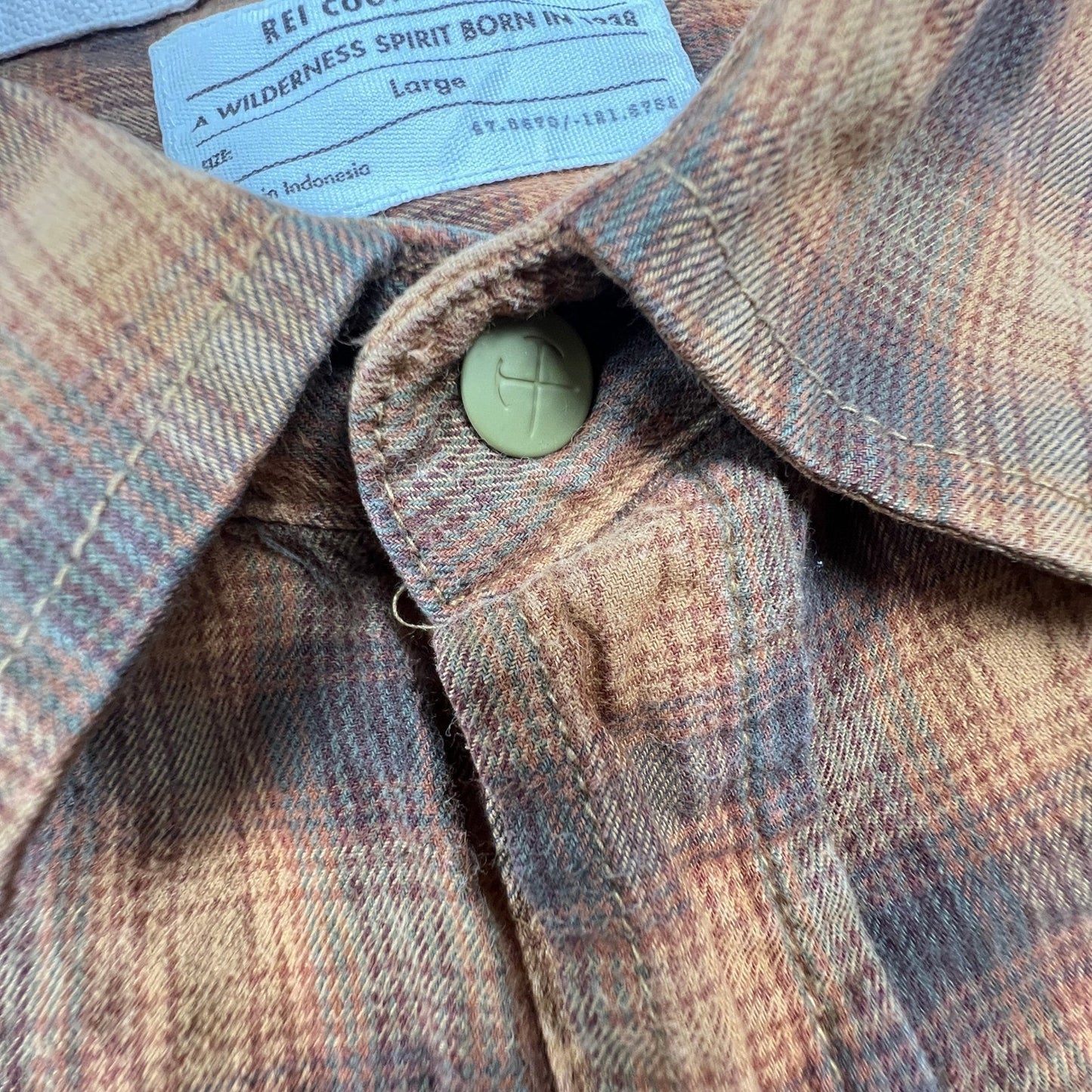 REI Co-op Flannel Shirt Mens Large Orange Brown Plaid Cotton Hiking Outdoor F20