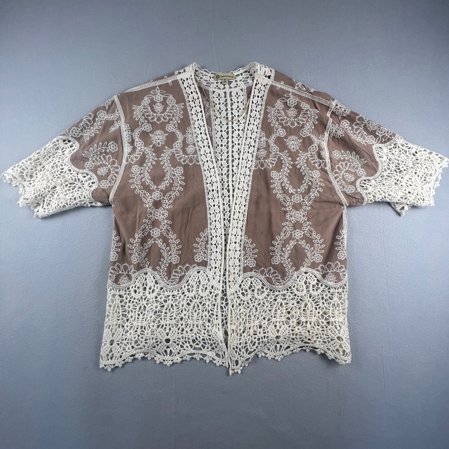 Crochet Lace Kimono Cardigan Womens M Brown Embroidered Boho Sheer Layer