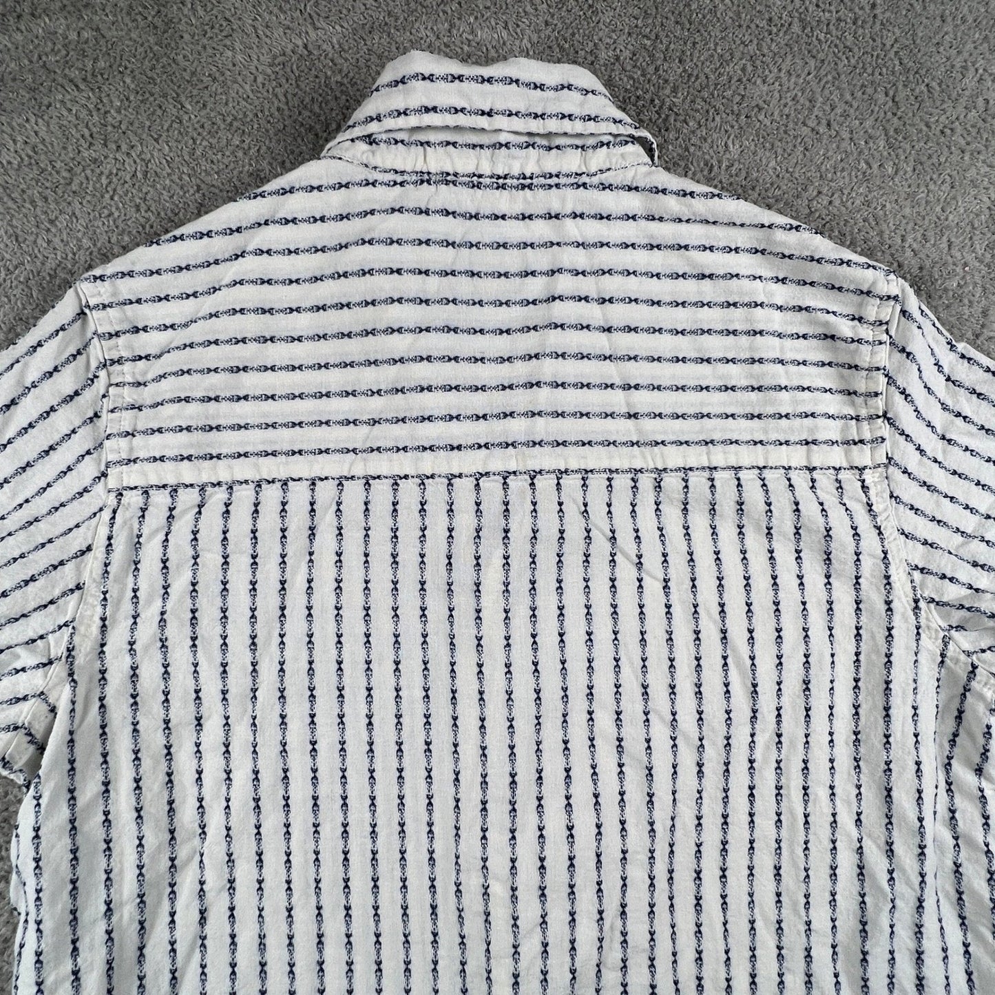 Linen Button Up Shirt Mens Medium White Blue Striped Cotton Blend Summer
