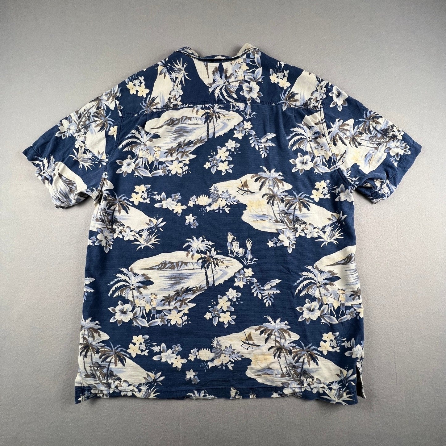 Tommy Bahama Button Front Shirt Mens L Blue Silk Hawaiian Palm Tree Island Aloha