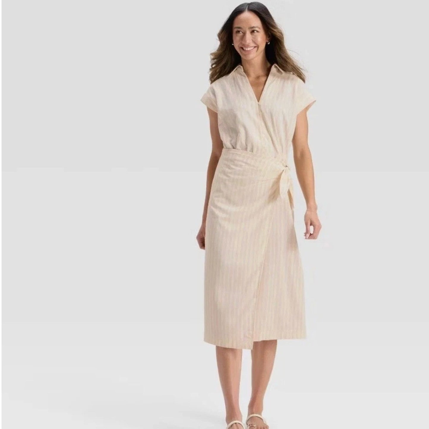 Midi Dress Womens L Cream Pinstripe Wrap Tie Cotton Casual Universal Thread