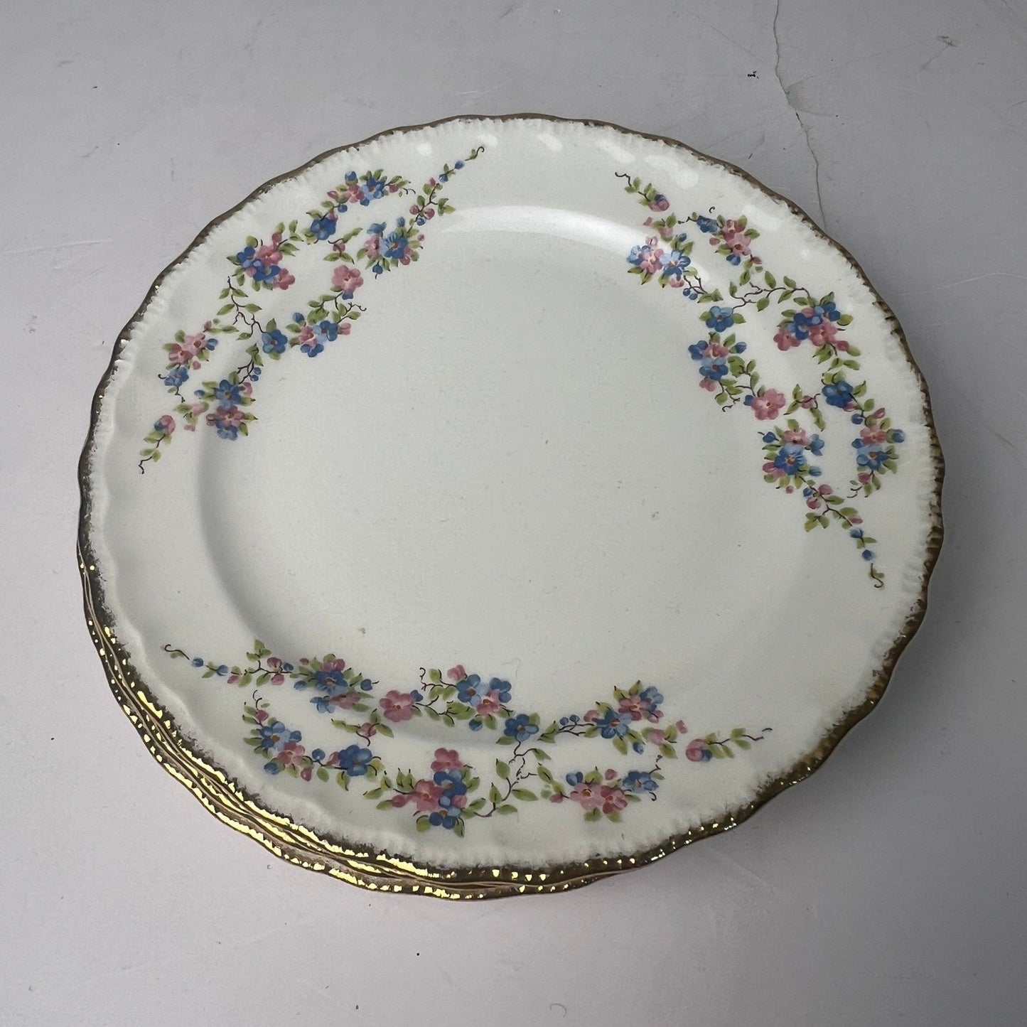 VTG 50s Pope-Gosser Blue Bell Bread Plates Set of 4 White Gold Trim Grandmacore