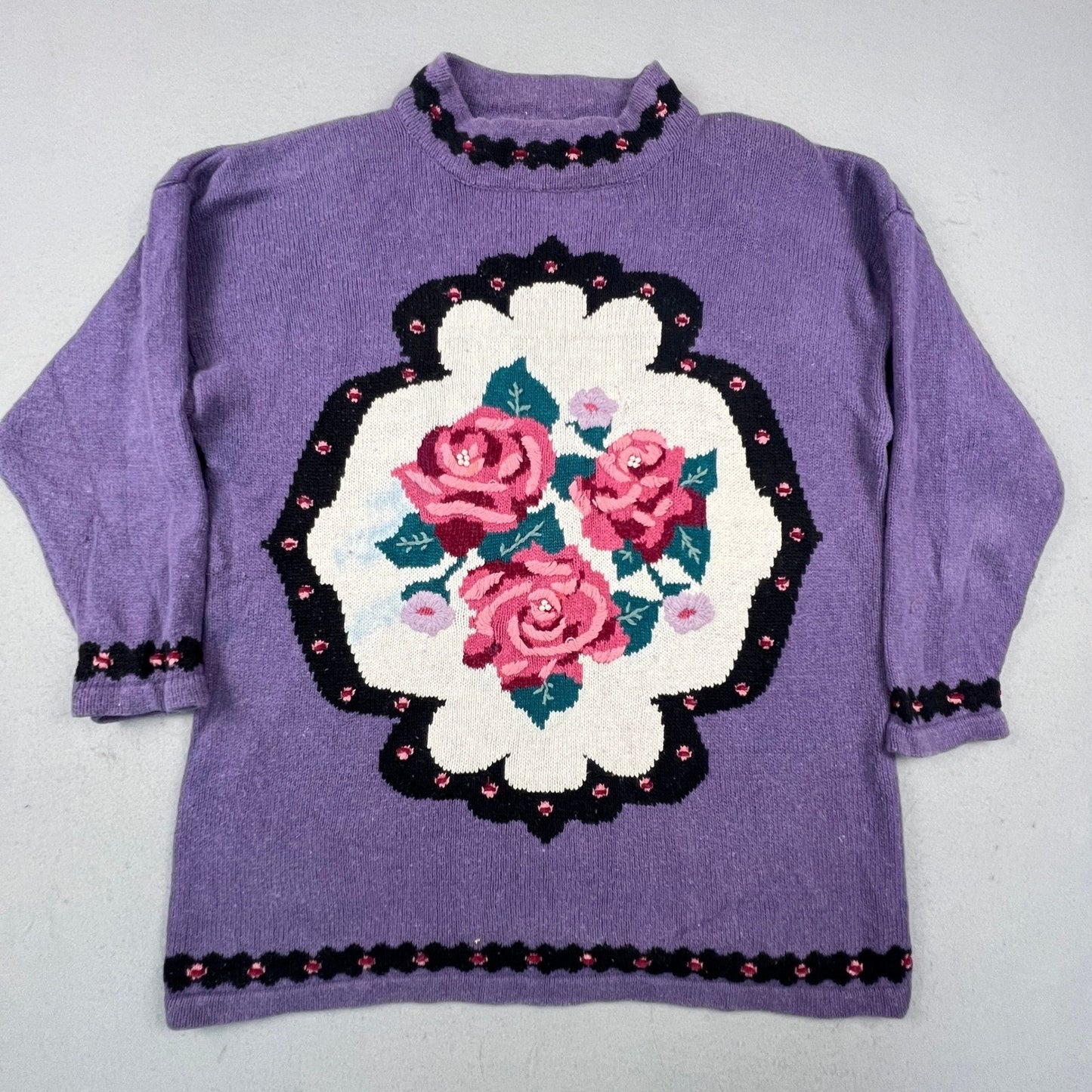 Maggie Lawrence Sweater Womens 22/24 Purple Floral Rose Embroidered Mock Neck