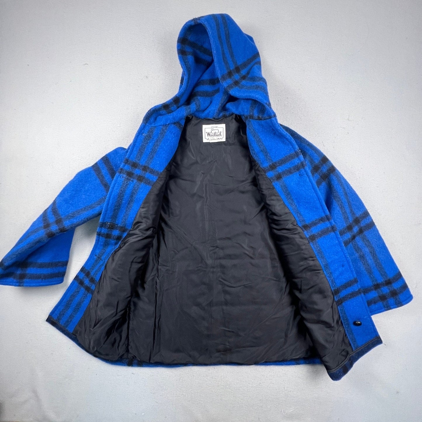 Woolrich Plaid Hooded Coat Womens Medium Blue Wool Blend Vintage Button Front