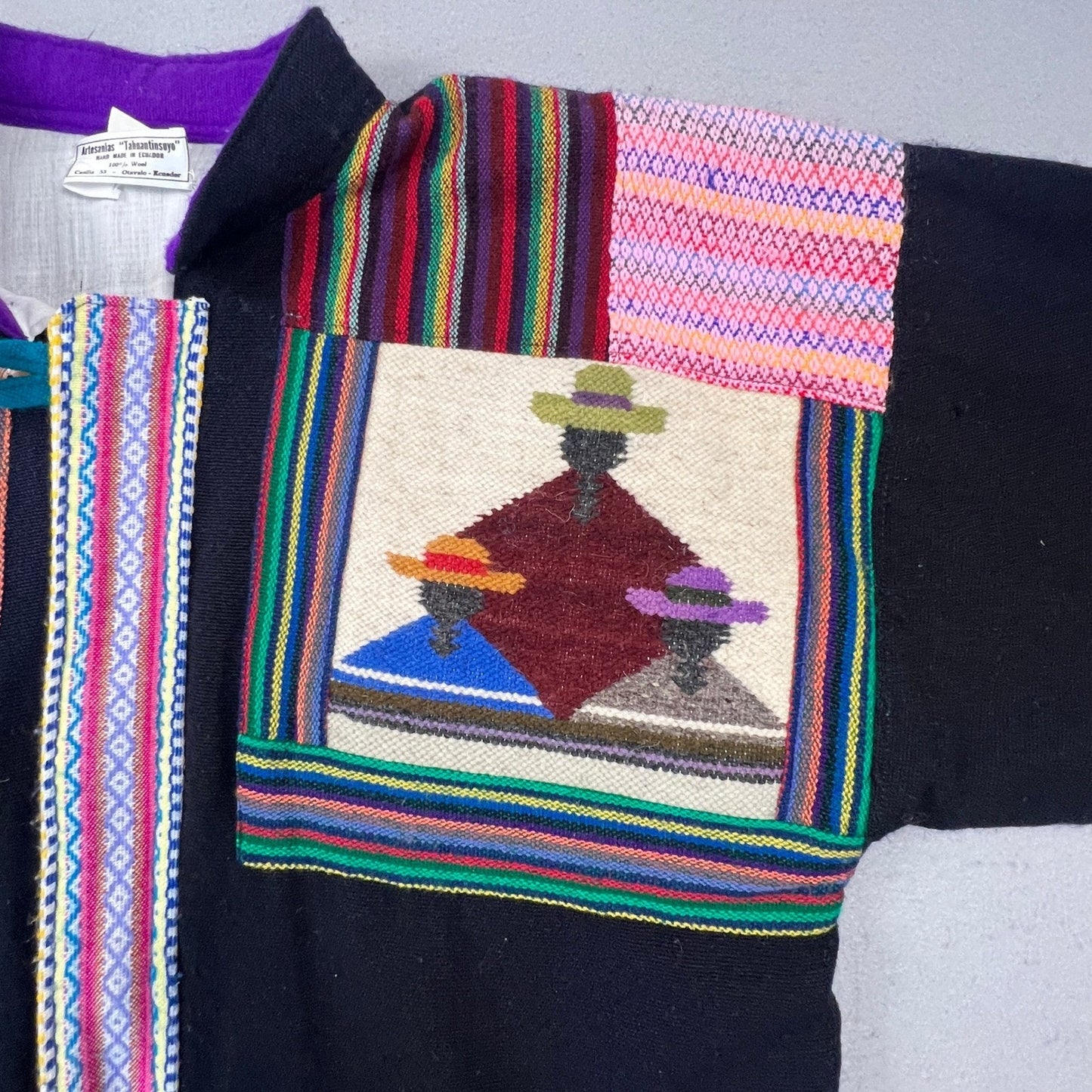 Artesanias Tahuantinsuyo Wool Jacket Mens XL Black Folk Art Otavalo Ecuador Boho
